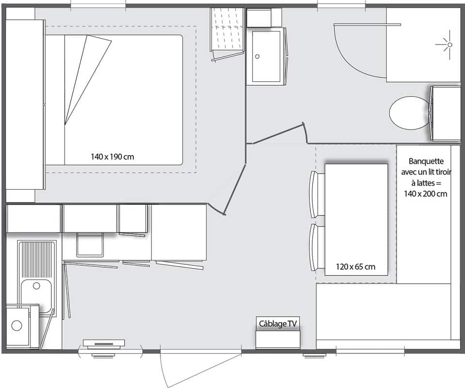 Plan mobil-home Maisonnette 18m² avec terrasse semi-couverte